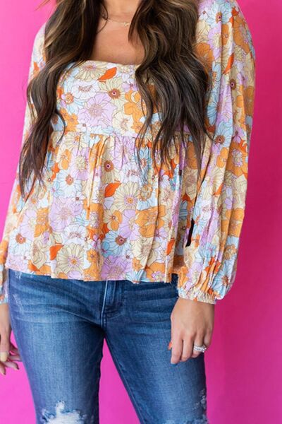 Smocked Printed Square Neck Balloon Sleeve Blouse