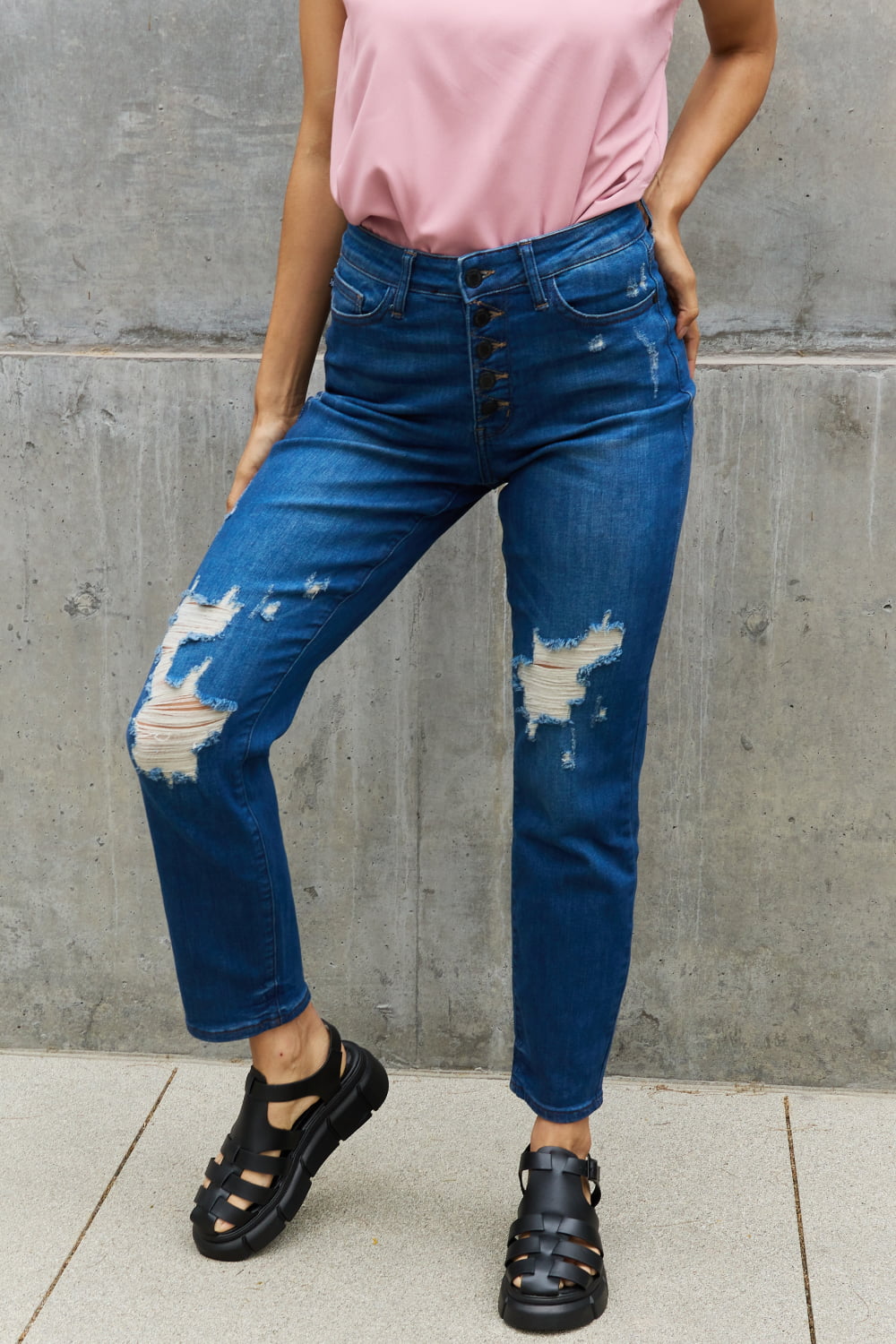 High Waisted Distressed Boyfriend Jeans