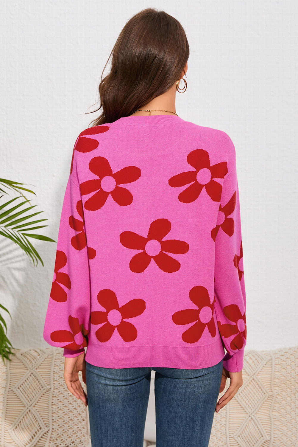 Floral Print Round Neck Dropped Shoulder Sweater