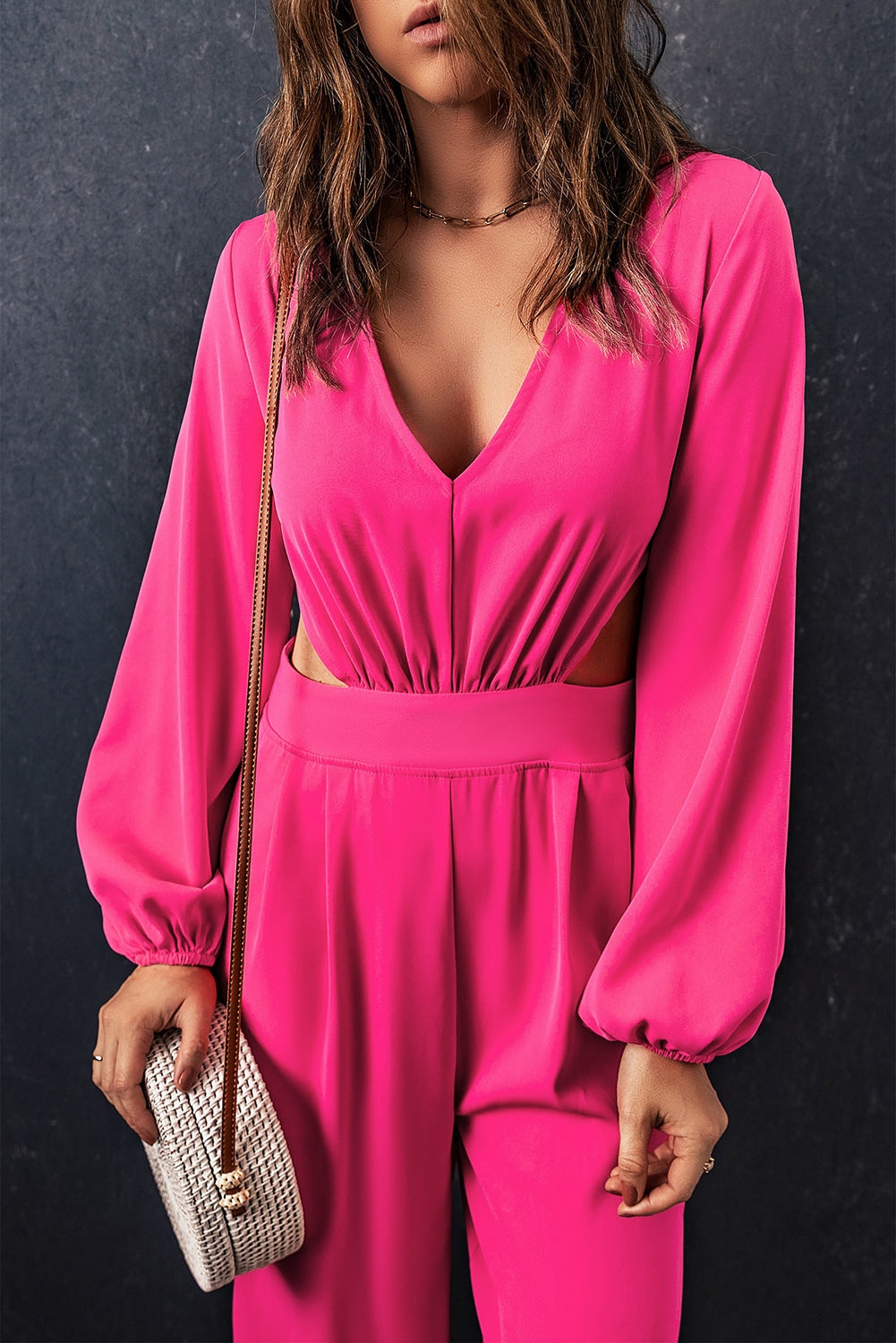 Balloon Sleeve Cutout Plunge Jumpsuit