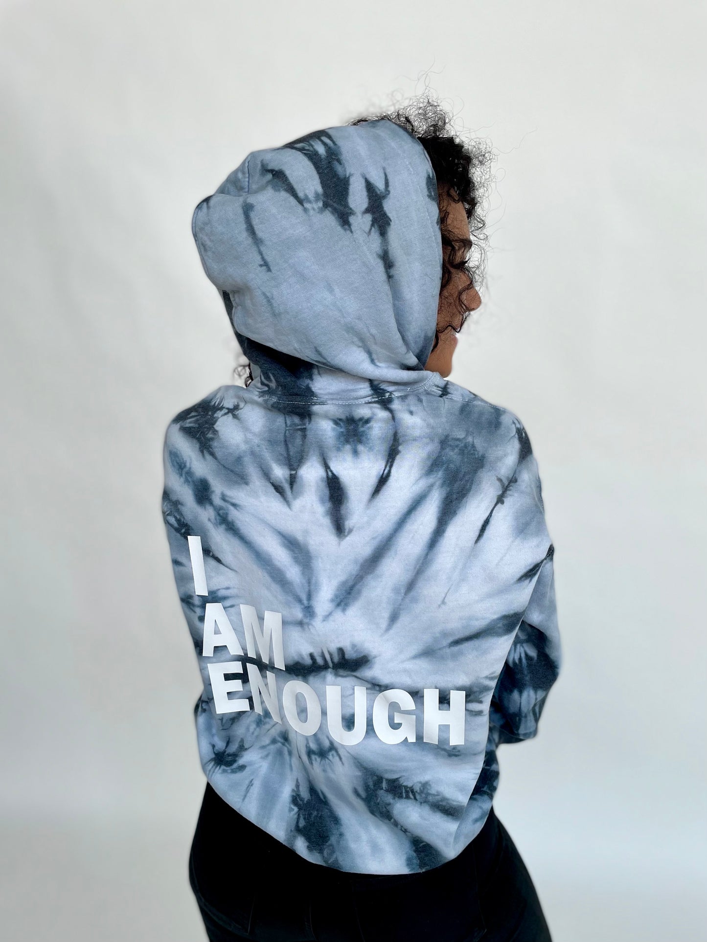 I AM ENOUGH TIE DYE HOODIE (BLACK CYCLONE, extended sizes)
